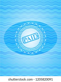 paid icon inside light blue water wave emblem background.
