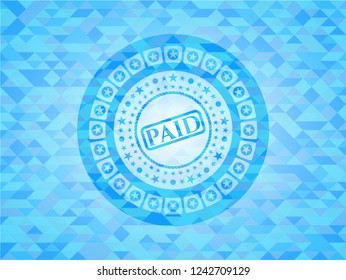 paid icon inside light blue emblem with triangle mosaic background