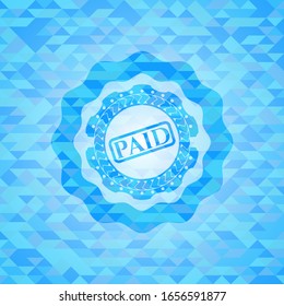 paid icon inside light blue emblem. Mosaic background