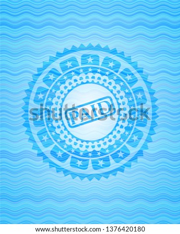 paid icon inside light blue water wave emblem background.