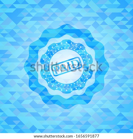 paid icon inside light blue emblem. Mosaic background