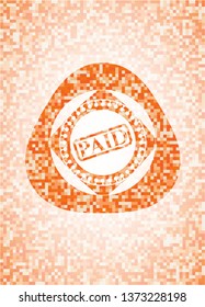 paid icon inside orange tile background illustration. Square geometric mosaic seamless pattern with emblem inside.