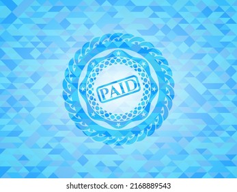 paid icon inside realistic sky blue emblem. Mosaic background. 