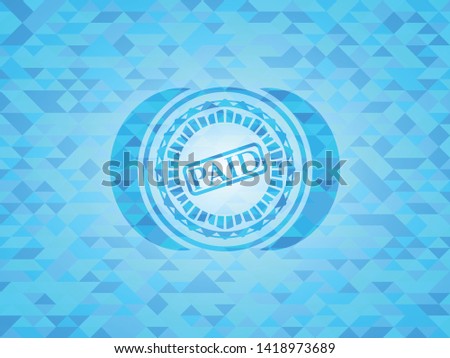 paid icon inside realistic sky blue emblem. Mosaic background