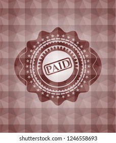 paid icon inside red emblem or badge with abstract geometric polygonal pattern background. Seamless.