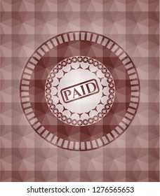 paid icon inside red emblem with geometric pattern background. Seamless.