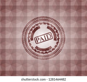 paid icon inside red emblem or badge with abstract geometric pattern background. Seamless.