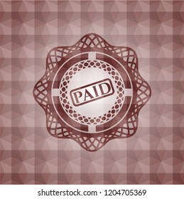 paid icon inside red seamless emblem or badge with abstract geometric polygonal pattern background.