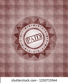 paid icon inside red seamless emblem or badge with abstract geometric polygonal pattern background.