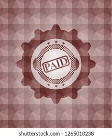 paid icon inside red seamless emblem or badge with abstract geometric pattern background.