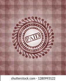 paid icon inside red seamless emblem or badge with abstract geometric pattern background.
