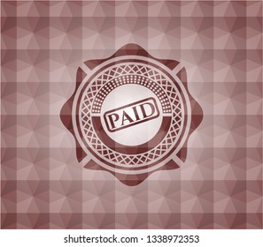paid icon inside red seamless emblem with geometric background.