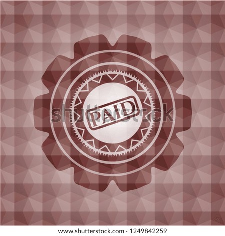 paid icon inside red seamless emblem or badge with geometric pattern background.