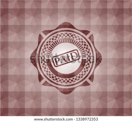 paid icon inside red seamless emblem with geometric background.