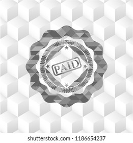 paid icon inside retro style grey emblem with geometric cube white background