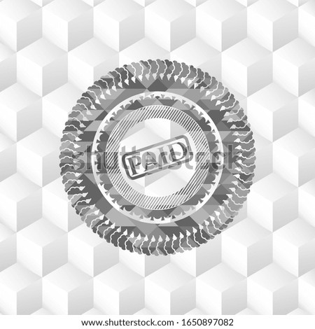 paid icon inside retro style grey emblem with geometric cube white background