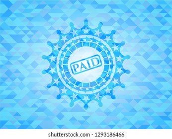 paid icon inside sky blue emblem. Mosaic background