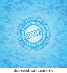 paid icon inside sky blue emblem with mosaic ecological style background