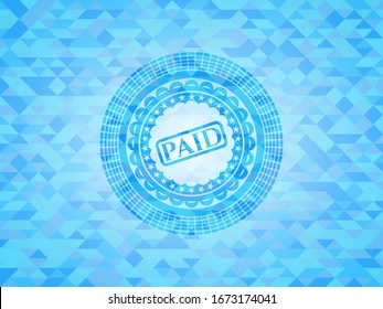 paid icon inside sky blue emblem. Mosaic background
