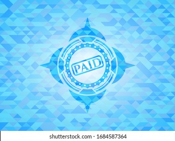 paid icon inside sky blue emblem with mosaic background