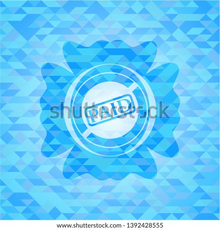 paid icon inside sky blue emblem. Mosaic background