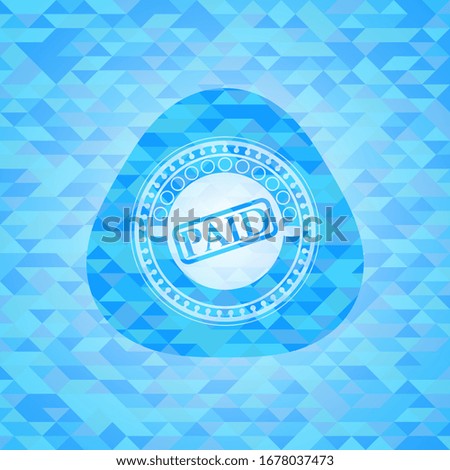 paid icon inside sky blue emblem with mosaic background