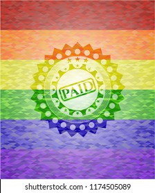 paid icon on mosaic background with the colors of the LGBT flag