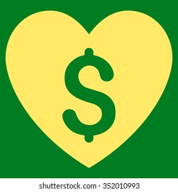 Paid Love vector icon. Style is flat symbol, yellow color, rounded angles, green background.