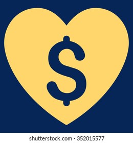 Paid Love vector icon. Style is flat symbol, yellow color, rounded angles, blue background.