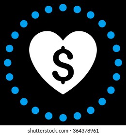 Paid Love vector icon. Style is bicolor flat circled symbol, blue and white colors, rounded angles, black background.