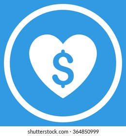 Paid Love vector icon. Style is flat circled symbol, white color, rounded angles, blue background.