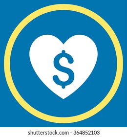 Paid Love vector icon. Style is bicolor flat circled symbol, yellow and white colors, rounded angles, blue background.