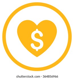 Paid Love vector icon. Style is flat circled symbol, yellow color, rounded angles, white background.