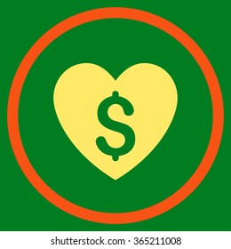 Paid Love vector icon. Style is bicolor flat circled symbol, orange and yellow colors, rounded angles, green background.