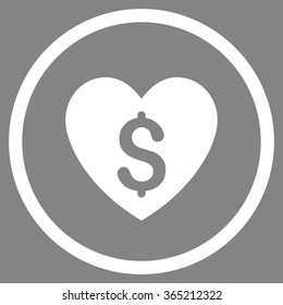 Paid Love vector icon. Style is flat circled symbol, white color, rounded angles, gray background.