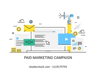 Paid marketing campaign, paid media, digital marketing investment - flat line vector illustration isolated on white background