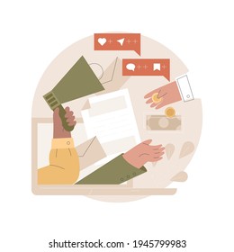 Ilustración vectorial de concepto abstracto de medios pagados. Publicación pagada en redes sociales, publicación en línea, artículo, servicio de copywriter, comunicación corporativa, elemento web, barra de menús metáfora abstracta.