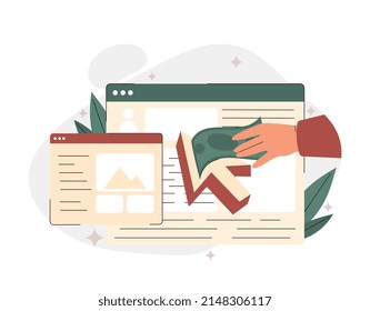 Paid media concept. Hand with banknote reaches for website page, Internet and modern technologies. Donations and fundraising, business. Popular and famous blog. Cartoon flat vector illustration