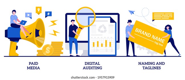 Paid media, digital auditing, naming and taglines concept with tiny people. Marketing platform, online documentation inspection, corporate identity development abstract vector illustration set.