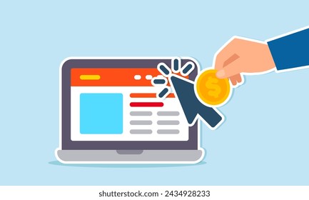 Paid media online ads, pay per click marketing campaigns driving user traffic to websites concept, businessman marketer push money coin into mouse pointer to click to website.