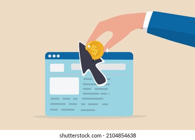 Paid media or pay per click advertising, marketing campaign pay for online ads for users to visit website concept, businessman marketer push money coin into mouse pointer to click to website.