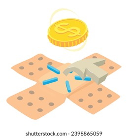 Paid medicine icon isometric vector. Medical patch, cursor and dollar sign coin. Medical business, healthcare concept