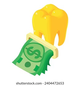 Paid medicine icon isometric vector. Human tooth and stack of dollar banknote. Dentistry, stomatology, healthcare concept