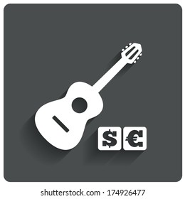 Paid music icon. Acoustic guitar music symbol. Dollar, euro symbol. Restaurant flat icon. Vector illustration.