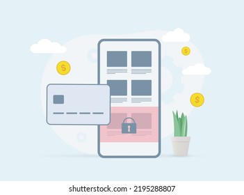 Paid Online content available only after payment concept. Pay after reading member subscriptions only service. Smartphone screen with a closed website section and bank card to pay for access