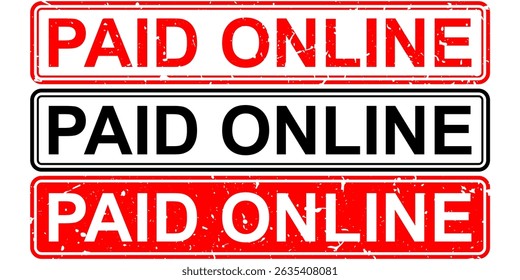 Pago online grunge carimbado ícone vetor para transação digital, pagamento bem sucedido, ou ordem aprovada. Ideal para comércio eletrônico, sistemas de recibos e visuais relacionados a finanças.
