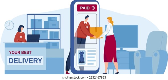 Paid package order delivery concept, online graphic freight parcel service, vector illustration. Flat business store for express supply design.