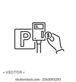 paid parking icon, vehicle parking fee, car parking payment, payment for machine area P, pay parking concept thin line symbol isolated on white background, editable stroke eps 10 vector illustration