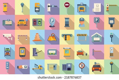 Paid Parking Icons Set Flat Vector. Park Gate. Garage Place