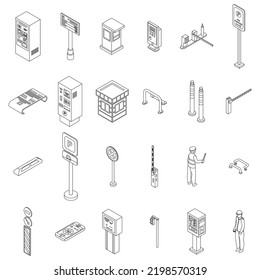 Paid parking icons set. Isometric set of paid parking vector icons outline thin lne isolated on white